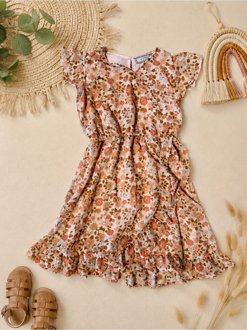Girls' Floral Wrap Dress in Rust and Pink